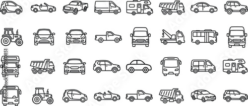 Minimal vehicle icon set featuring cars trucks vans buses tractors and utility transport outline collection for web app UI infographic design modern