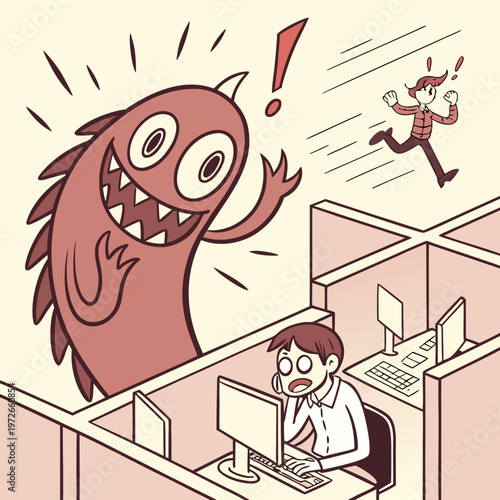 Scary monster startling office worker in cubicle