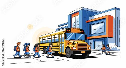 Illustration of children walking to a yellow school bus in front of a blue and orange school building with a sunny background.