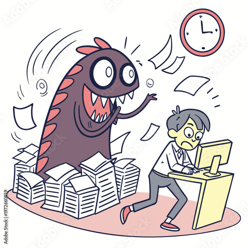 Monster harassing businessman with piles of paperwork