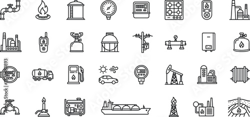 Oil and gas industry line icon set featuring refinery pipeline fuel energy production equipment petroleum transport storage and industrial symbols collection
