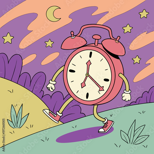 Anthropomorphic alarm clock walking at night under a starry sky with wake