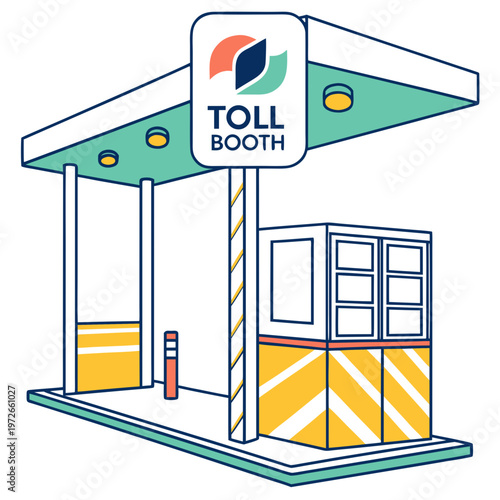 Stylized illustration of a toll booth structure with a simplified, line-art style illustration of a toll booth, collection point, fee collection
