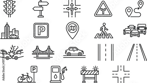 Transportation and road traffic outline icon set including parking map navigation accident bridge highway crossing fuel and urban mobility vector symbols collection