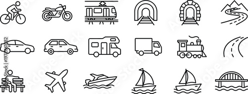Transportation and travel line icons set with vehicles, road, railway, airplane, ship, urban mobility, logistics symbols for journey navigation illustration collection