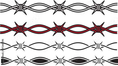 Barbed wire fence designs in black and red on white background for graphic design