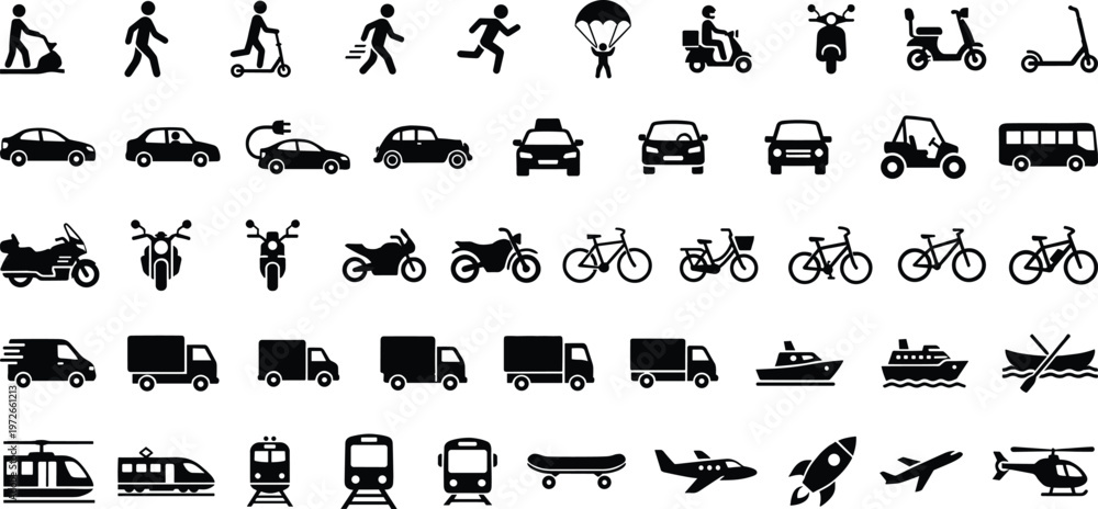 Fototapeta premium Transportation icons set featuring cars bikes trucks scooters buses airplanes ships delivery logistics mobility vector silhouettes isolated on white background collection design