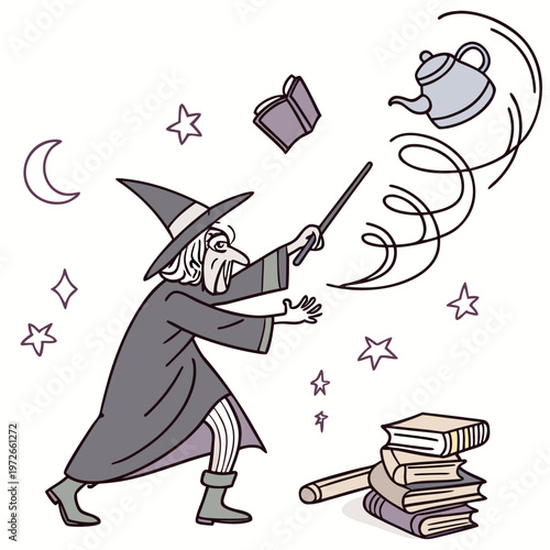 Wicked witch casting a levitation spell with a magic wand, making a teapot and books float in a mystical scene, magical world