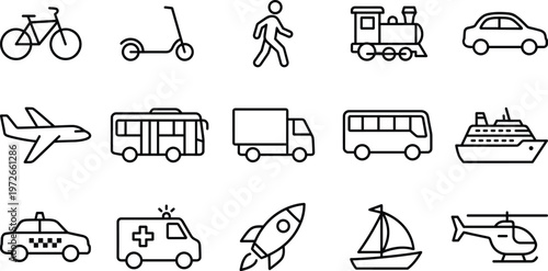 Transportation line icons set with vehicles, public transit, emergency, air, sea and land transport symbols for mobility travel illustration collection vector