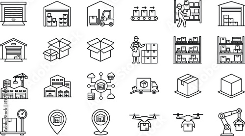 Warehouse and logistics line icons set with storage, inventory, packaging, shipping, forklift, delivery, automation symbols for supply chain management illustration collection vector