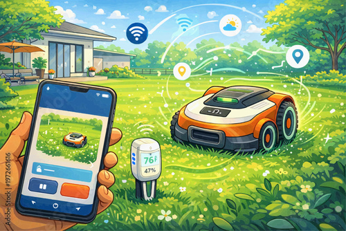 Smart robotic lawn mower controlled by mobile phone app in a sunny backyard with wireless icons and charging dock showing automated garden care connected devices and modern home technology