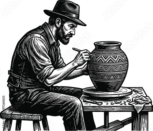 Potter shaping clay vase on wheel traditional craftsmanship handmade pottery vintage engraving style vector illustration.eps