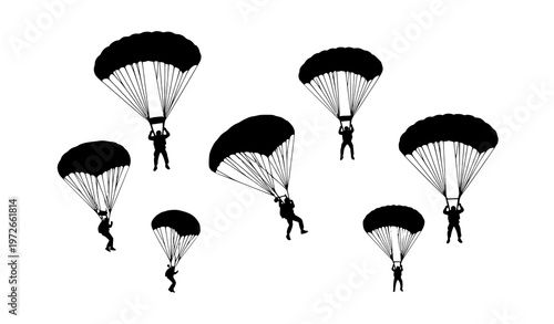 Airborne soldiers parachuting silhouette collection skydiving military vector illustration isolated on white
