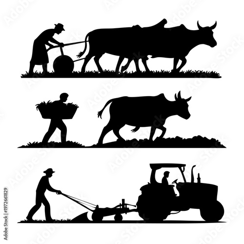 Agricultural silhouettes of farmers working with oxen and tractor