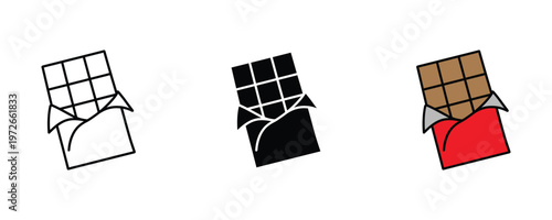 Sweet dark chocolate bar in foil wrapper icon set in line art, solid black, and red-brown color for dessert snacks and confectionery shop concepts. Vector Illustration.