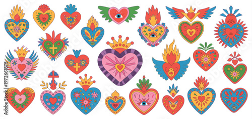 Sacred patterned hearts vector set, traditional Mexican spiritual symbols featuring burning flames, colorful flowers, and eyes, tidy flat cartoon illustrations isolated for Day of the Dead, memorial, 