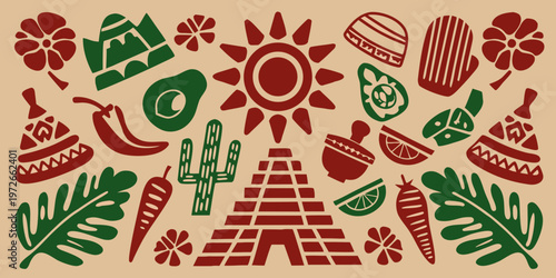 A colorful illustration showcasing iconic symbols of mexican culture and heritage