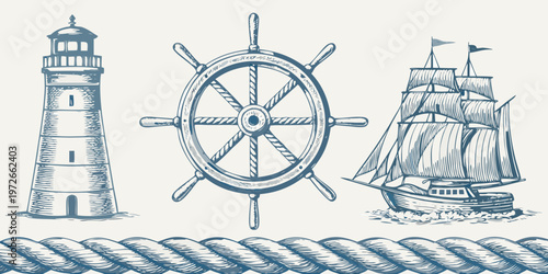 Vintage nautical illustration featuring a lighthouse ship s wheel and sailing ship