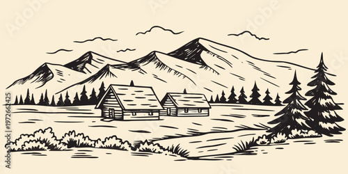 Rustic cabins nestled in a mountainous landscape with sketched trees