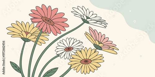 Canvastavla A collection of colorful daisy like flowers with simple line art