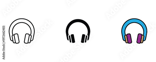 Professional over-ear headphones icon set in line art, solid black, and blue-purple color for music studio, podcasting, and audio equipment concepts. Vector Illustration.