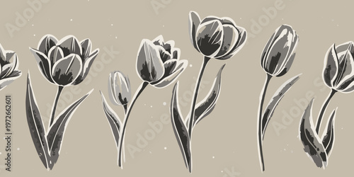 Stylized illustration of gray tulips with long curving stems