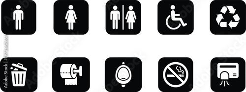 A set of black and white icons for public restroom and facility signs