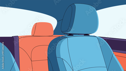 Interior view of a modern car showing the front and back seats in blue and orange colors for transportation and travel.