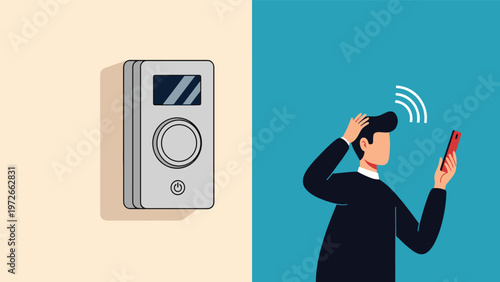 Smart home automation concept features a modern wall-mounted control panel and a person remotely managing settings via a smartphone application.