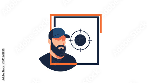 Stylized portrait of a bearded man wearing a baseball cap positioned in front of a dark blue safe door with a prominent target crosshair symbol.