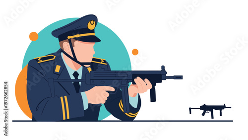 Police officer in a formal dark blue uniform and peaked cap aims a tactical submachine gun with focus and precision in a graphic illustration.