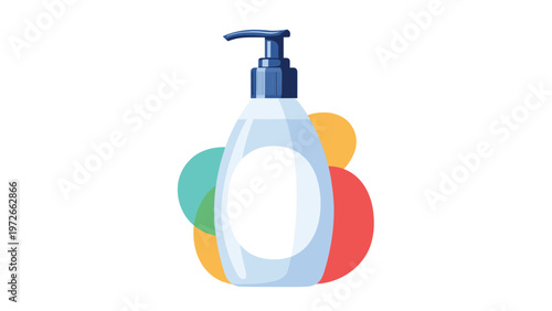 Liquid soap dispenser bottle with a dark blue pump is depicted against a colorful background of blue, orange, and red abstract circular shapes.