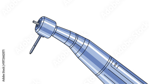 High-precision dental handpiece or high-speed drill used by dentists for tooth restoration is shown in a detailed metallic blue illustration.