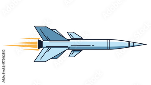 Sleek blue missile or aerospace rocket flies horizontally across the frame with bright yellow exhaust flames trailing behind it in the air.