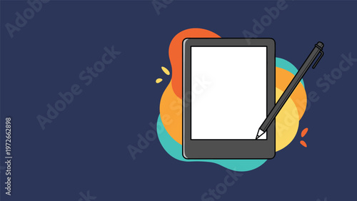 Modern e-reader tablet with a white screen and a black stylus pen is presented against a backdrop of vibrant abstract organic shapes.