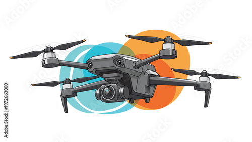 Modern gray quadcopter drone with a high-resolution camera is flying against a background of abstract teal and orange circular shapes.