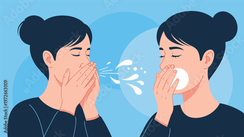 Two-part illustration demonstrates proper hygiene by showing a woman coughing into her hands to prevent the spread of germs to others.