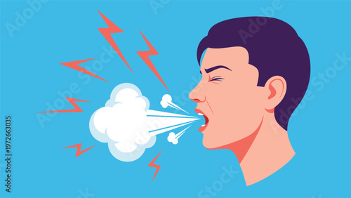 Profile view of a man coughing heavily with a large cloud of breath expelled from his mouth against a bright blue background color.