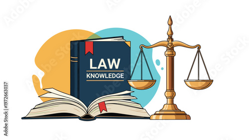 Scales of justice stand beside a large law book titled law knowledge to represent the legal system and judicial principles of fairness.