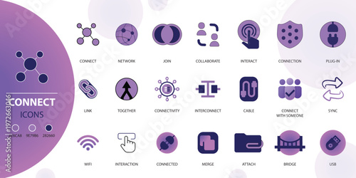 Connect icon set. Containing network, join, collaboration, connectivity, interaction, cable, integration and connection icons. Solid icon collection.