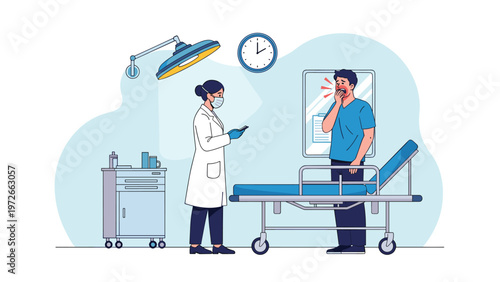 Medical scene depicts a female doctor wearing a face mask while attending to a male patient standing in a well equipped hospital room.