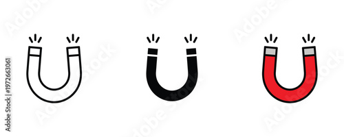 Horseshoe magnet icon set in line art, solid black, and vibrant red color for physics education, magnetic force, and lead generation concepts. Vector Illustration.