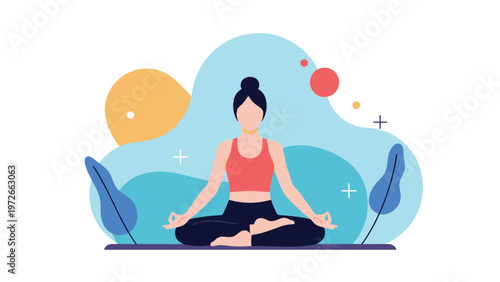 Serene illustration shows a woman sitting in a lotus yoga pose for meditation surrounded by soft colorful abstract background shapes.