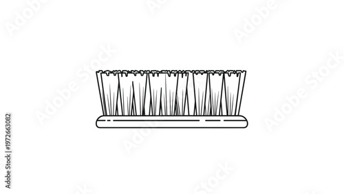 Detailed black and white line drawing focuses on the fine texture and structure of toothbrush bristles attached to a simple base.