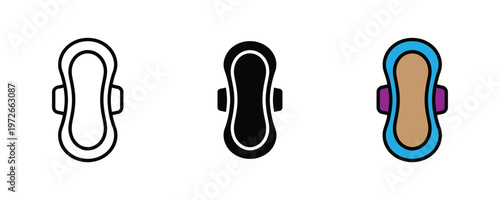 Sanitary napkin and feminine hygiene pad icon set in line art, solid black, and blue-purple color for women healthcare, menstruation cycle, and personal care products. Vector Illustration.