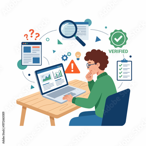 A man sits at a desk verifying information on a laptop with fact-checking symbols and a magnifying glass nearby, conveying a sense of research and accuracy in a minimalist setting.
