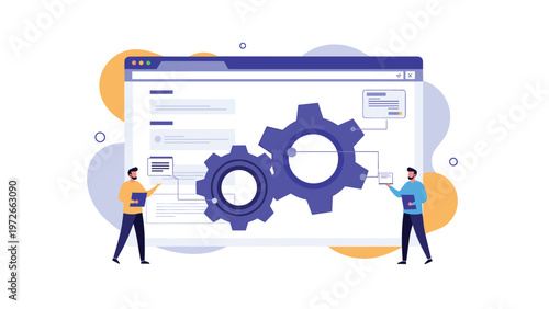 Team of two professionals works on a digital web interface featuring large purple gear icons to represent website optimization or setup.