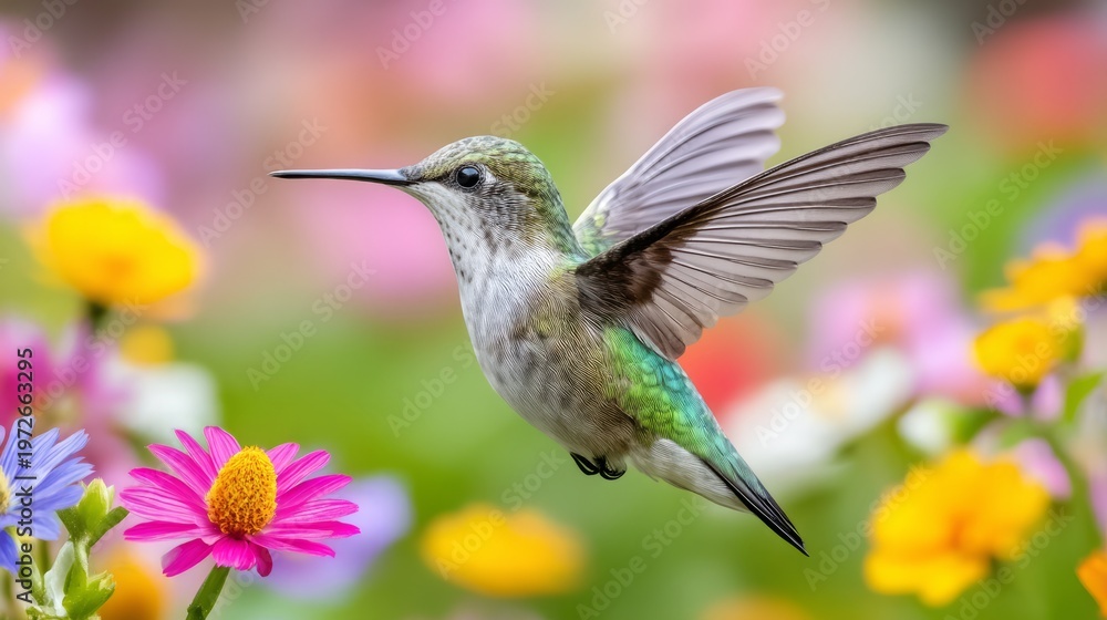 Fototapeta premium Vibrant Hummingbird Hovering Among Colorful Wildflowers in Bright Setting