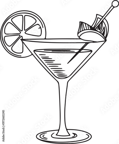 Martini Cocktail with Lemon Garnish Outline