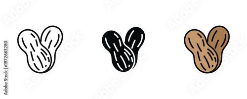 Roasted peanut in shell icon set in line art, solid black, and natural brown color for healthy snack, nut butter, and protein food concepts. Vector Illustration.